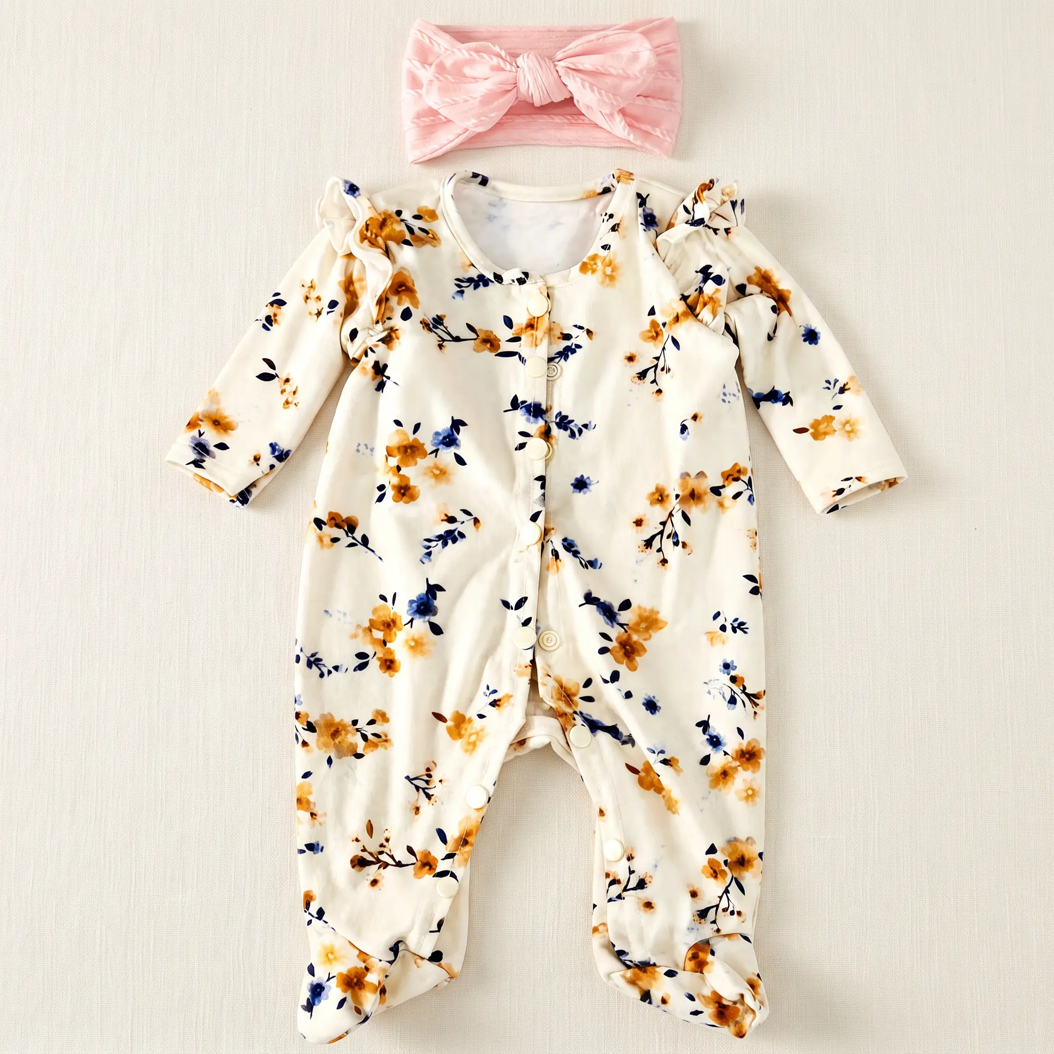 【Colorlizard】Reborn Baby Doll Clothes 2Pcs Floral Footed Romper with Matching Headband Set for 18-22 Inch Realistic Newborn Baby Girls Outfit