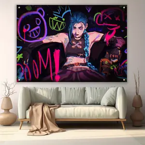 60in x 40in 1pc Vibrant Jinx Character Polyster Tapestry, Contemporary Graffiti-Style Wall Hanging for Living Room, Bedroom, Office - Ideal for Home Decor and Party Ambiance, Live Streaming Background, Available in Two Sizes, Room Decor