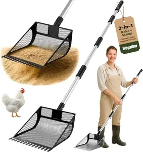 2 in 1 Chicken Poop Scooper Adjustable Long Handle Chicken Coop Cleaner Chicken Litter Scoop Stainless Steel Sifting Shovel Heavy Duty No Bending Coop Cleaning Tool for Backyard Farm