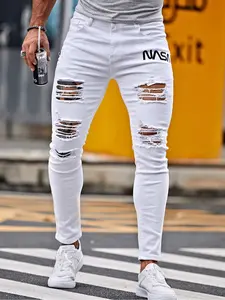 Men's Fashion Casual Plain Solid Color Ripped Skinny Denim Jeans, High Street Streetwear Slim Fit Tight Pants, Menswear Perfect Gift for Boyfriend and Husband, Ripped Stretch Skinny, Plain Denim Trousers