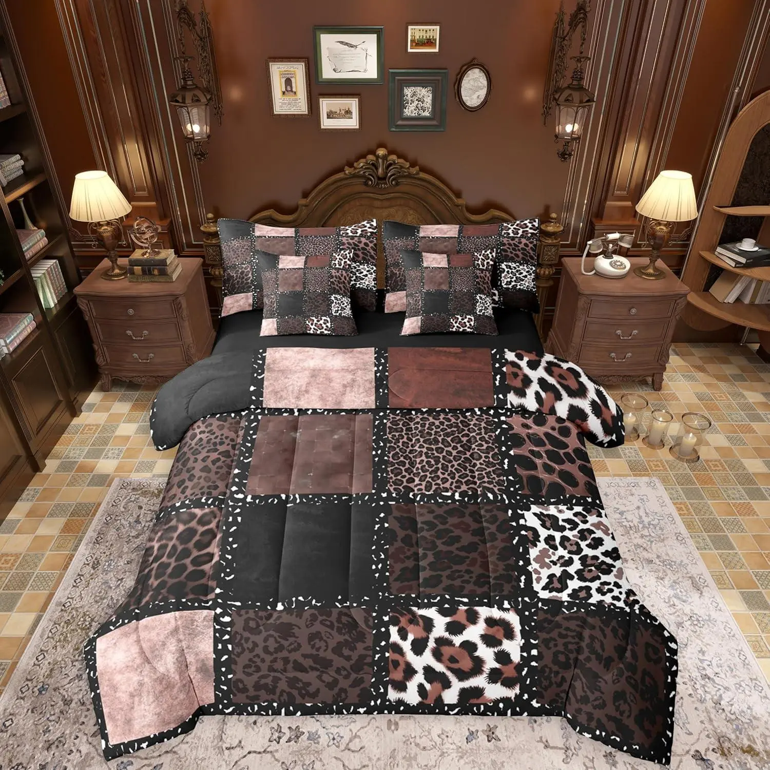 Brown Leopard Print 7 Pieces Bedding Set,Animal Skin Texture Bed in a Bag,Patchwork Geometric Bed Set,Includes Comforter,Sheet Set,Pillowcases & Pillow Covers,Farmhouse Bedroom Decor