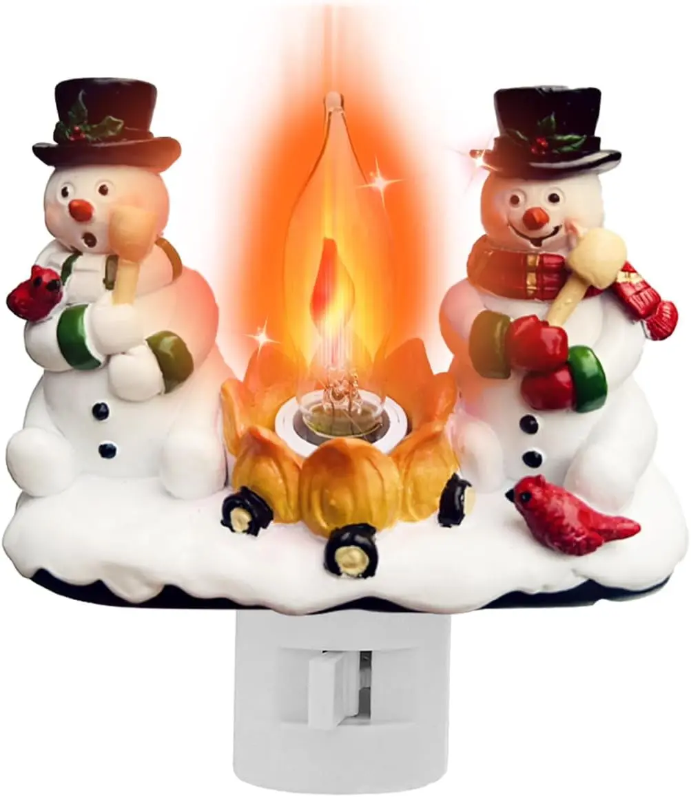 Christmas decoration, snowman bonfire night light, 4-inch (about 10.2 cm) resin rotating plug Christmas night light with flame flicker effect, suitable for children's rooms, hallways, living rooms, and stair decorations