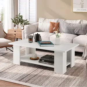 Giantex Rectangle Wood Center Table, 41" L 2-Tier Large Modern Tea Table w/Open Compartment, Easy Assembly, Accent Coffee Table for Living Room, Reception Room, White