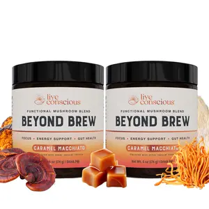 Live Conscious Beyond Brew 2 Pack - 6-in-1 Functional Mushroom Blend, Powder Drink Mix - Low Caffeine Coffee Alternative - Pre & Probiotic Gut Support - 60 Servings