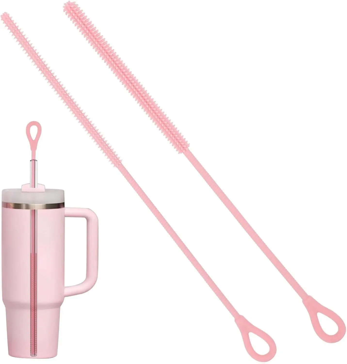 2Pcs Silicone Straw Cleaner Brush, 9.84in Reusable Straw Cleaner with Bendable Steel Core, Extra Long Soft Bottle Brush for Clearing Glass Straws, Smoothie Straws, 9mm&6mm (Pink) Cup Drinkware