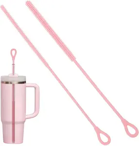 2Pcs Silicone Straw Cleaner Brush, 9.84in Reusable Straw Cleaner with Bendable Steel Core, Extra Long Soft Bottle Brush for Clearing Glass Straws, Smoothie Straws, 9mm&6mm (Pink) Cup Drinkware