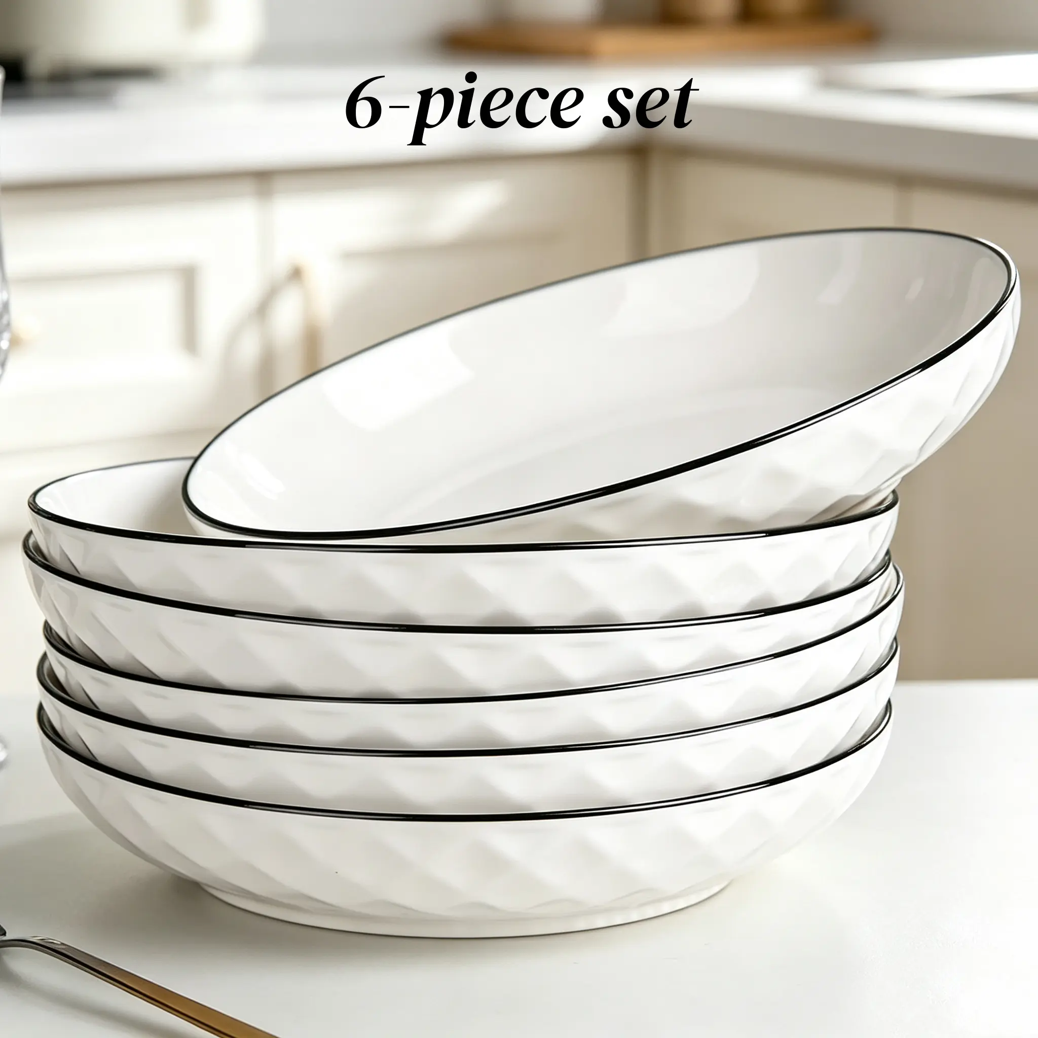 Adult 6-piece set of 8-inch diamond-shaped, thick and sturdy ceramic deep plates, traditional classic white tableware with black edges, corrosion-resistant, dishwasher safe, suitable for salads, pasta, and classic dishes