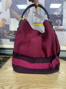 Pre-owned BURBERRY Classic Red Bucket Bag Canvas Leather Crossbody Top Handle with Bird Cage Design