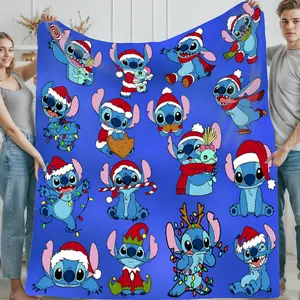 [SummerVibes] DISNEY CLASSIC Christmas Stitch Blanket, Super Soft Cartoon Lilo & Stitch Throw Blanket with Holiday Santa Hat Design, Cozy Plush Blanket for Sofa Bed Couch Christmas Decor Gifts
