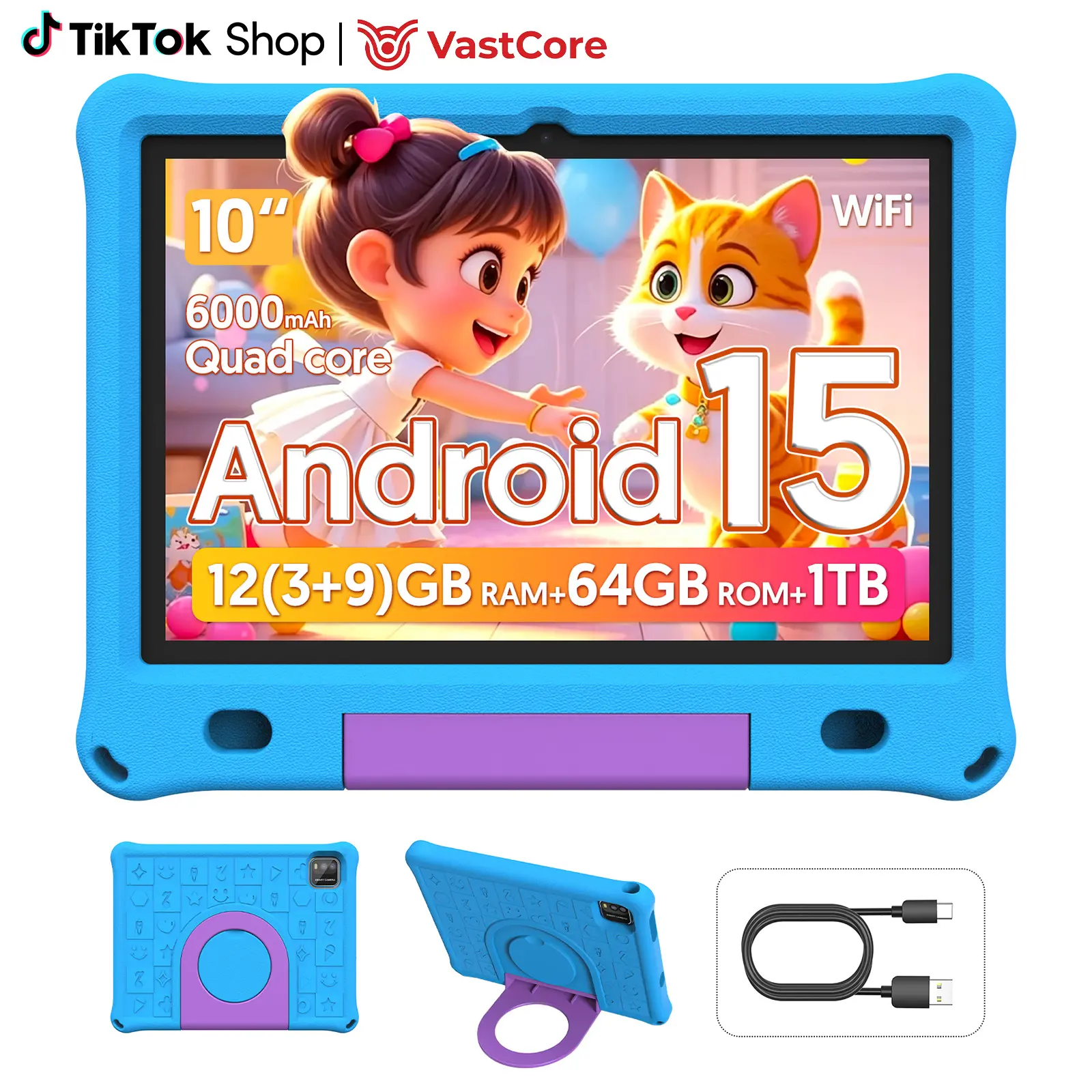 10-Inch Kids' Android 15 Tablet with Parental Controls, 3+9GB RAM, 64GB ROM+1TB Expandable Storage, 1024*800 IPS HD Screen, 5G WiFi+WiFi6, 6000mAh Battery, Dual Cameras, Children's Gift Tablet