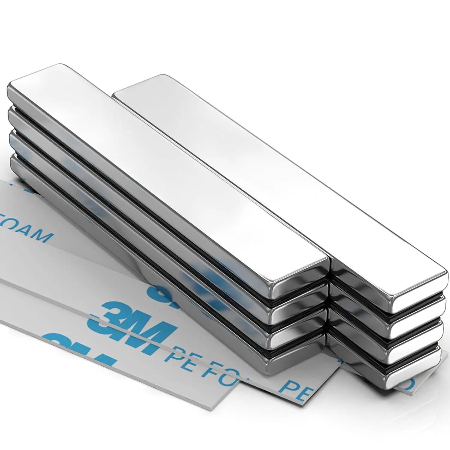 Caturledas 8-Pack Heavy-Duty Rare Earth Neodymium Refrigerator Magnets, 60x10x3 mm Silver Rectangular Bars with Double-Sided Adhesive for Home, Office, School, Garage, Kitchen, Crafts, Lights