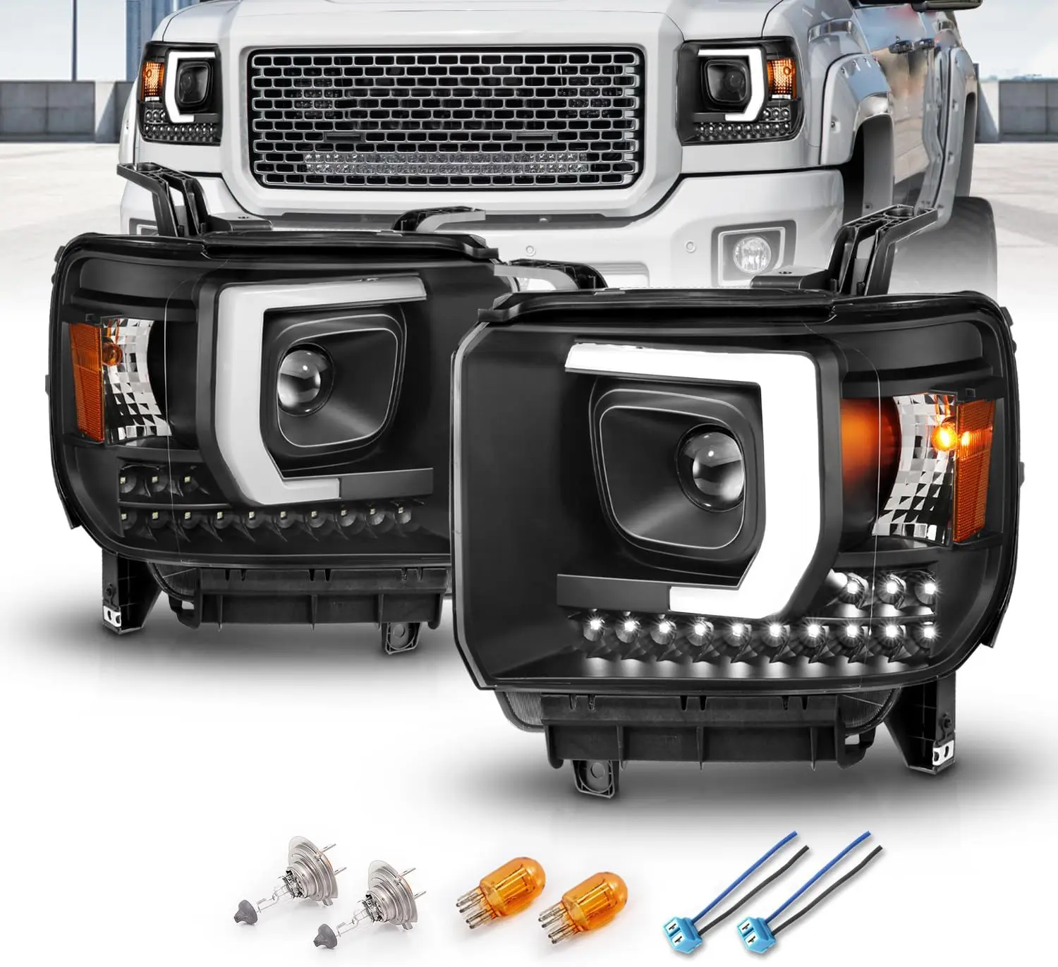 AmeriLite for 2014-2016 GMC Sierra 1500 2500HD 3500HD [Halogen Type] LED Bar Projector Black Headlights Assembly Pair - Driver and Passenger Side