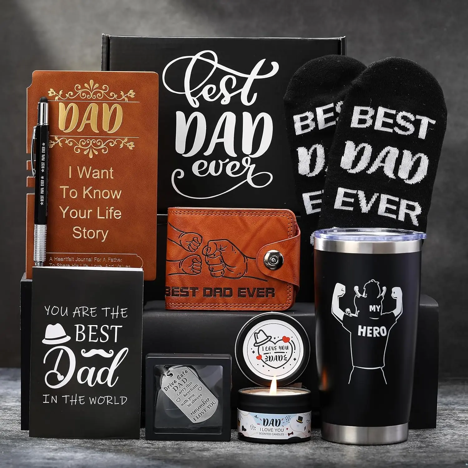 9-Pcs Dad Gift Set, 20oz Tumbler Wallet Notebook Candle Included, Unique Presents for Father's Day Birthday from Daughter Son, Men's Gift Basket for Husband