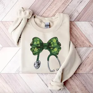 St. Patrick's Day Nurse Coquette Shamrock Sweatshirt T-Shirt, Lucky Irish Women Shirt, St Patricks Day Tee for Nurse, Nurse Stethoscope Gift for Nurse
