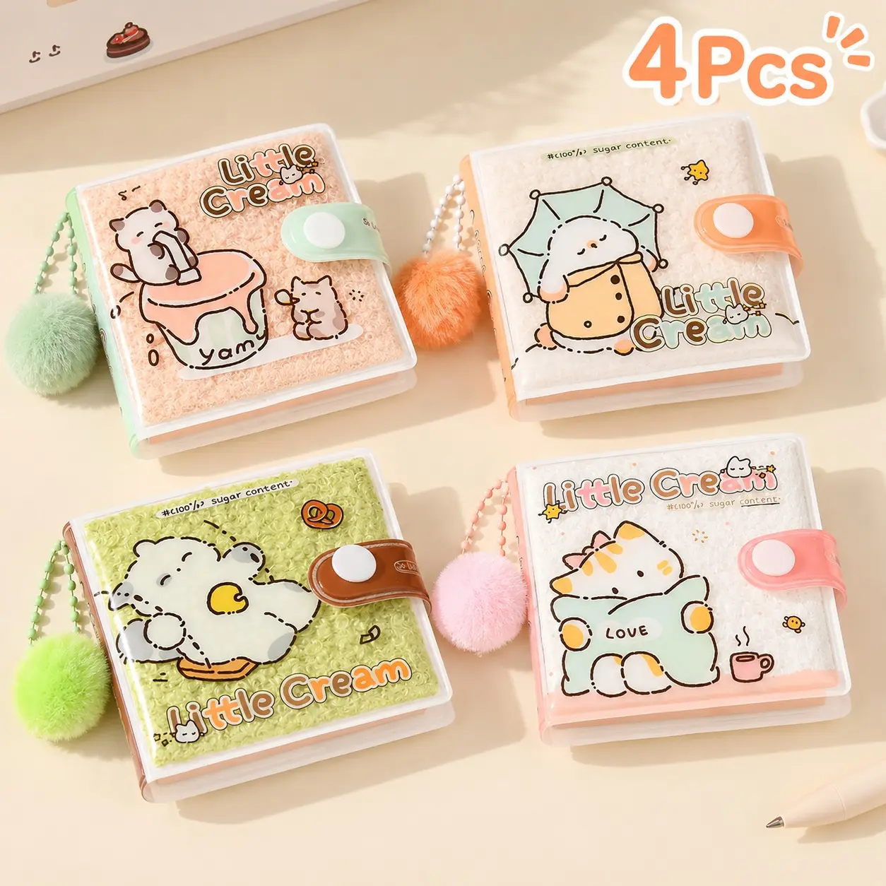 Cute Cream Mini Fluffy Notebook with Pom Pom Charm, Kawaii Portable Pocket Memo Diary, Ideal Stationery Journal Gift Set for Girls & Students