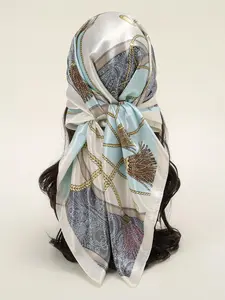 Women's Elegant Chain & Geometric Print Square  Scarf, Fashion Hair Scarves, Fashionable Versatile Retro Shawl for Daily Life, Trendy Vintage Accessories for Women & Girls
