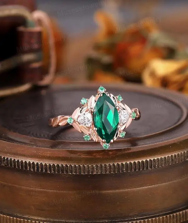 Marquise Emerald Engagement Ring, Floral Art Deco Design