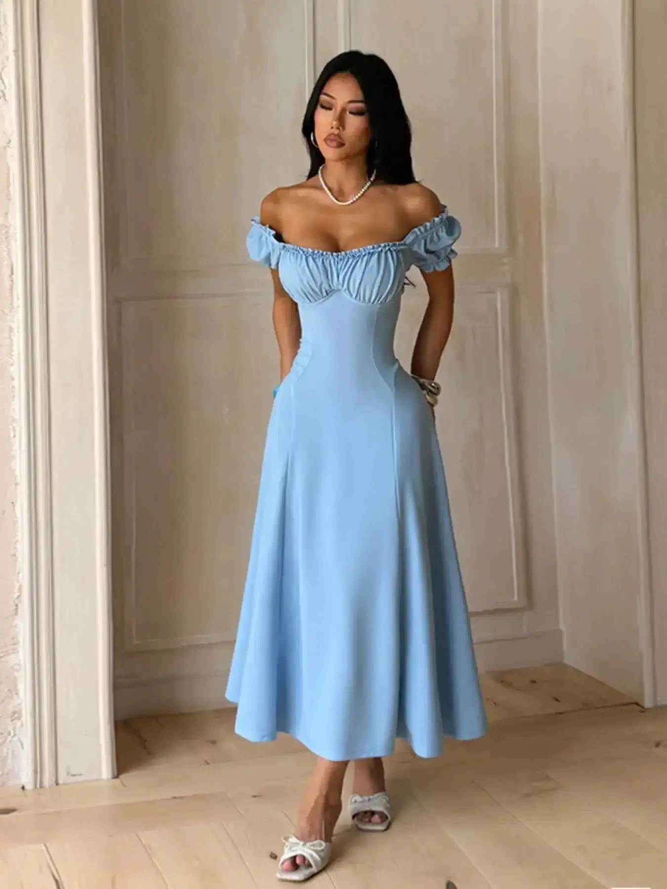 Versatile Summer Casual Chic Elegant Fitted Bubble Sleeve A-Line Dress, Wooden Trim, Perfect for Outdoors, Parties, Travel, Vacation, Wear, Womenswear, Lady, elegant silhouette, timeless appeal, graceful flow