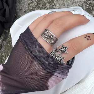 Retro niche star ring hollow adjustable opening texture dark punk index finger ring men and women jewelry