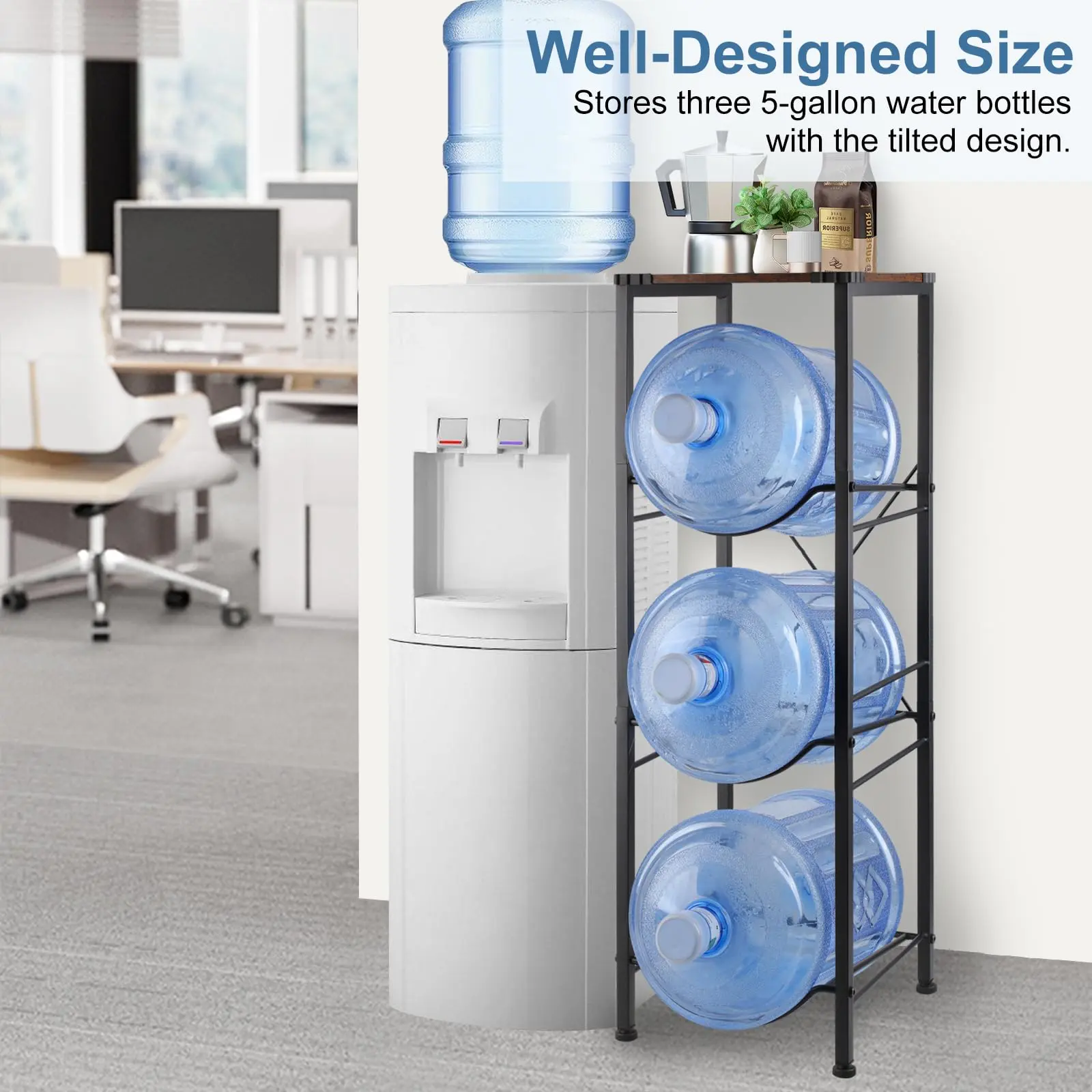 3-Tier Water Hold Rack - Space-Saving Industrial Organizer with Wooden Top & Black Metal Frame, Holds 3x5 Gal Bottles, Kitchen Gadgets, Stable Standing Shelf Units for Home Living Corners