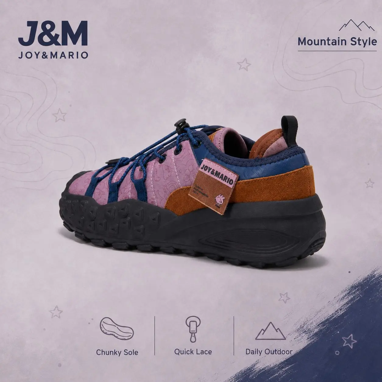J&M Joy&Mario Women's Quick-Lace Hiking Shoes - Lightweight Synthetics Printed Fabric, Chunky Platform, Rubber Sole, Anti-Slip Grip for Outdoor Walks, Trekking