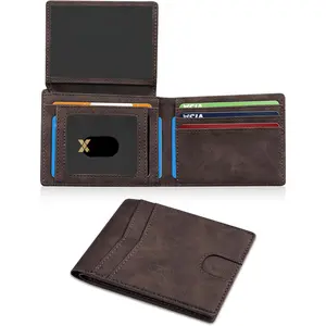 Men's Ultra Thin Wallet Leather RFID Blocking Bifold Stylish Wallet with Slim Minimalist Front Pocket 2 ID Windows (Coffee)