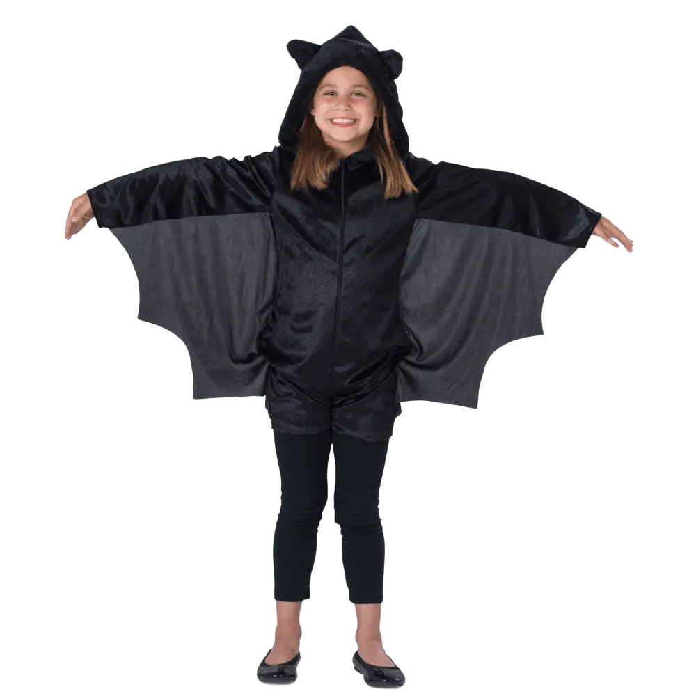 Bat Costume for Kids - Black Velour Jumpsuit with Hood & Wings Costume Dress for Girls - Perfect For Halloween, Pretend Play Fun & Cosplay