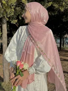 Women's Elegant Pleated Sequined Lace Embroidered Party Scarf Hijab, Plain Modesty Muslim Long Headscarf, Sun Protection Shawl for All Seasons
