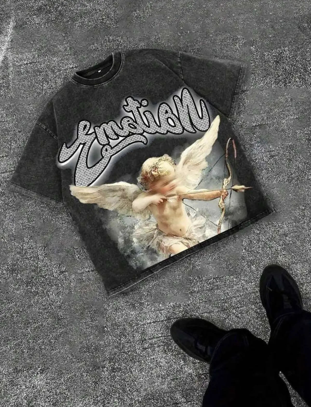 [100% Cotton] Vintage Retro T - Shirt With "Emotion" Angel Graphic,Comfortable Casual Short Sleeve, 230 Grams Heavyweight Cotton Printed T-Shirt, Perfect Holiday Gifts For Friend And Family