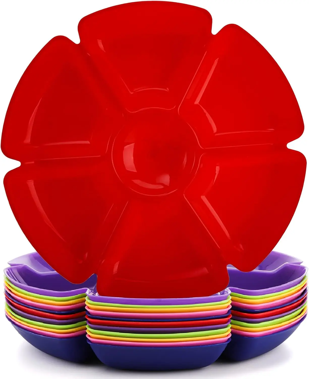 12 count Plastic Snack Serving Tray, 12 Inch Unbreakable Chip and Dip Divided Serving Plates, Round 7 Compartments Multifunctional  Platter for Snack, Nuts, Candy, Dried Fruit, Veggies