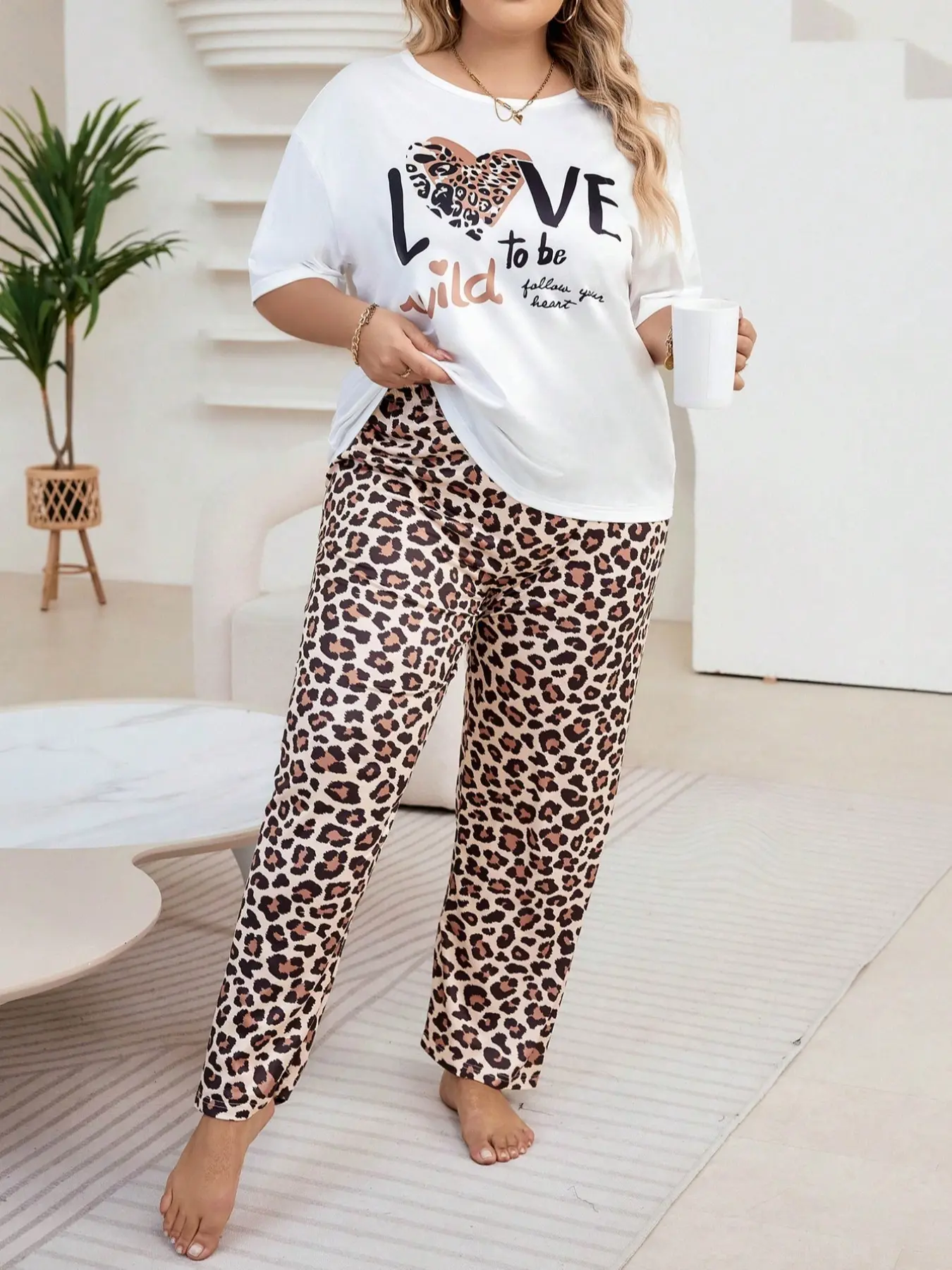 Plus Size Women's Leopard Print Sleepwear Set, Pajama Set, Pyjamas, Letter Short Sleeve Top and Long Pants, Loungewear Set, Casual Home Wear, Nightwear Lounge Set