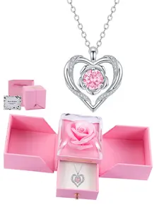 Mother's Day Gift Heart Flower Necklace, Birthstone Pendant & Silver Color Chain, Hypoallergenic Jewelry, Eternal Rose Box, Ideal for Wife Mom Birthday Christmas