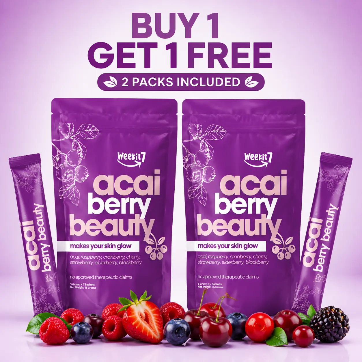 【Buy 1 Get 1】Weekit7 Pure Acai Berry Powder - Antioxidant Berry Blend Health Superfood, Mixed Fruits Beverage for Internal Glow & Skin Radiance, 2 Packs