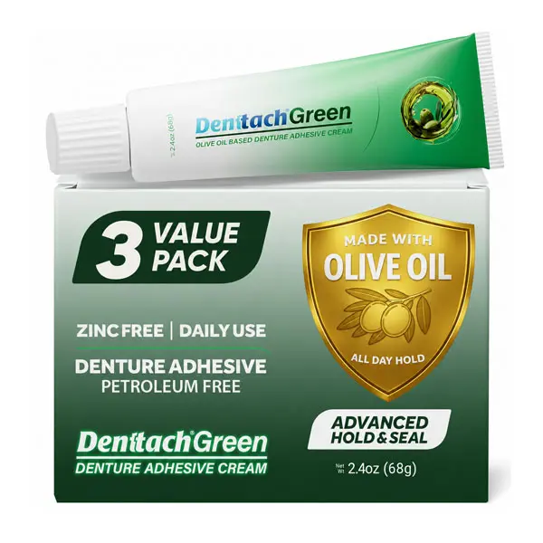 Denttach Green Denture Adhesive, Petroleum Free Olive Oil Based Denture Cream for Full and Partial Dentures, All Day Secure Hold Premium Denture Glue, Zinc Free, 2.4 Ounce