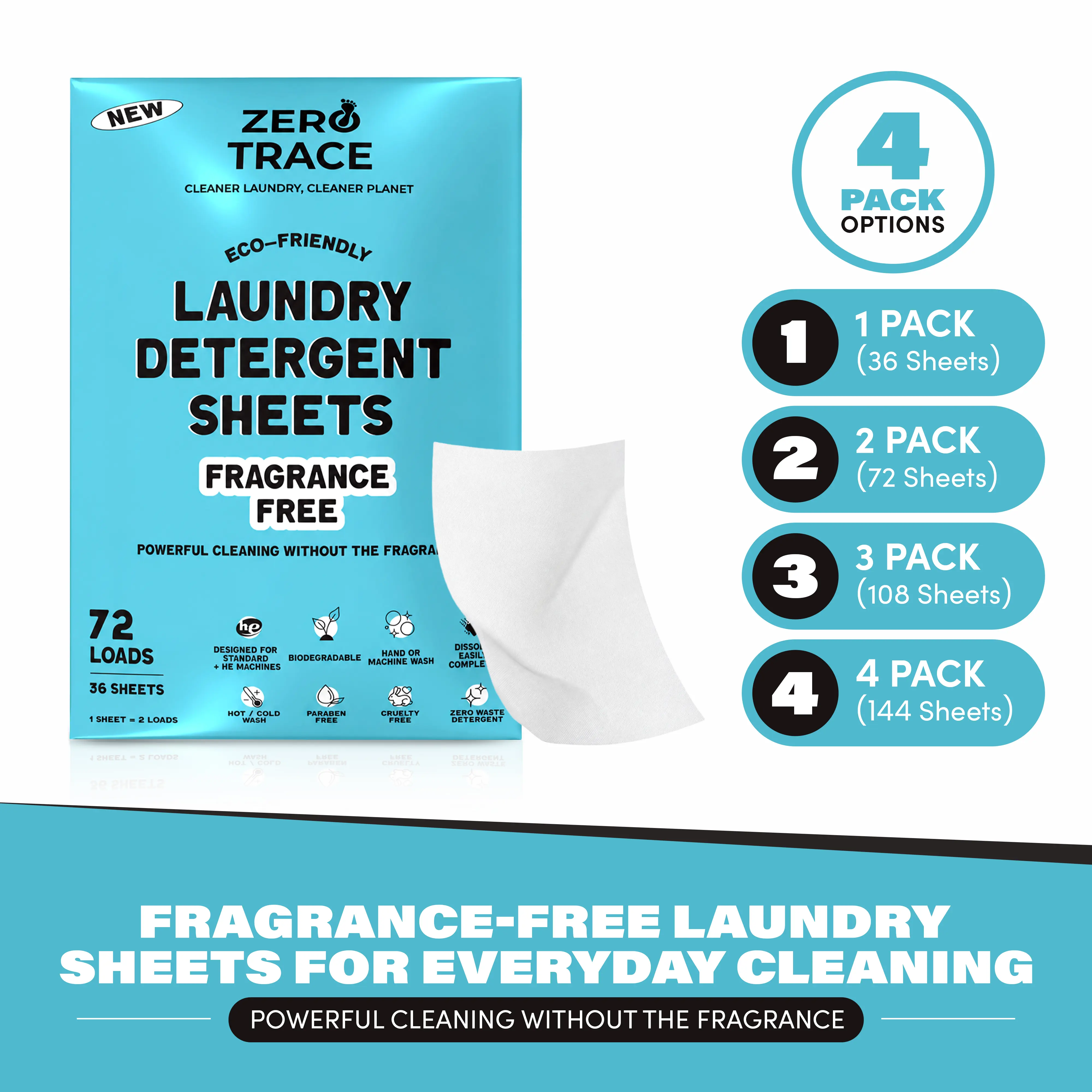 Fragrance-Free Household Laundry Detergent Sheets, 36 Sheets for 72 Loads, Unscented Eco-Friendly Hypoallergenic Plastic-Free Laundry Soap