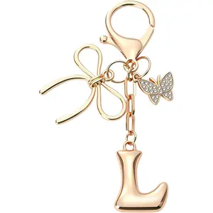 Bubble Initial Keychain with Bow & Butterfly - Gold Letter Bag Charms for Women, Cute Purse Handbag Accessories