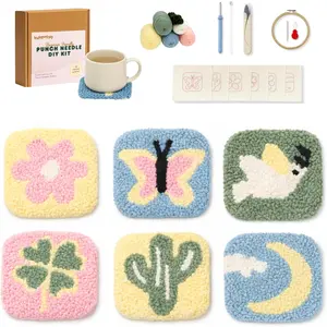 Punch Needle Kit for Beginners & Adults Complete DIY Embroidery 6-Coaster Kit with Printed Fabric, Yarn, Needle, Hoop & Guide Easy Craft Kit for Home Décor, Gifts & Stress Relief