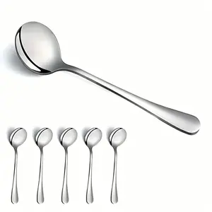 5-Piece Stainless Steel Iced Tea Spoons Set, 6.81 Inch Round Head Cutlery Kitchenware for Serving Soup Salad Snacks Curry Ice Cream Dishwasher Safe