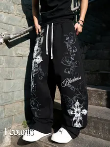 Men's Y2K Gothic Cross Print Drawstring Sweatpants, Loose Fit Casual Street Style Streetwear Pants, Comfortable & Stylish Design for Daily Wear