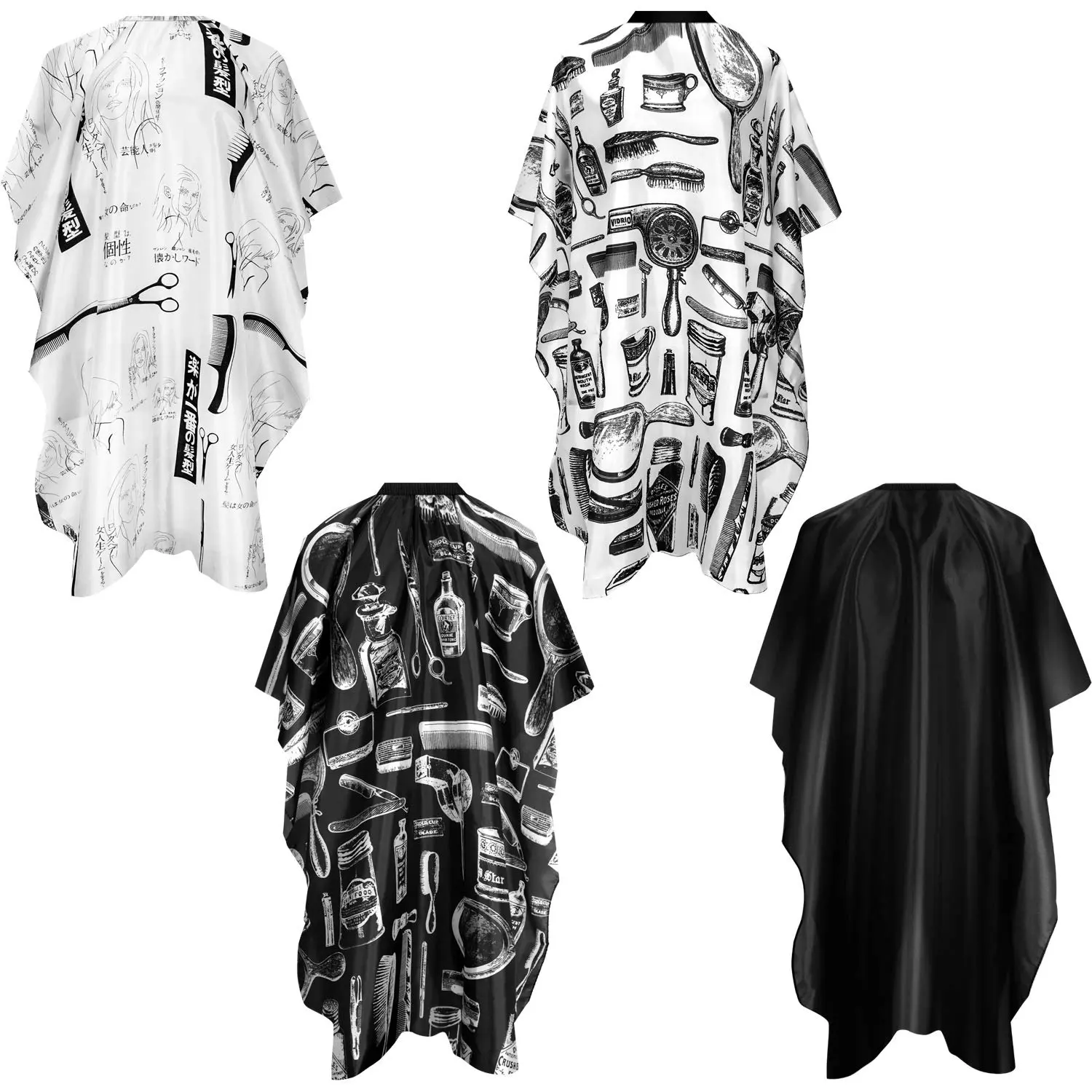 4-Pack Professional Salon-Home Haircare Capes for Stylists, Black Waterproof Chemical-Resistant Nylon, Anti-Static Durable Cost-Effective with Adjustable Snap Fasten Closure, Full-Size, Dual Fastening, Entry-Level Salons, Barber Accessories, Salon Supplie