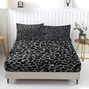 3 Pcs Dark Gray-Black Leopard Print Fitted Sheet Set, 1 Fitted Sheet & 2 Pillowcases (no filler), Dark Leopard Pattern, Fits Bedroom/Homestay/Dorm Decor, Ideal for Low-Key Style Fans/Students/Families/Holiday Gifters