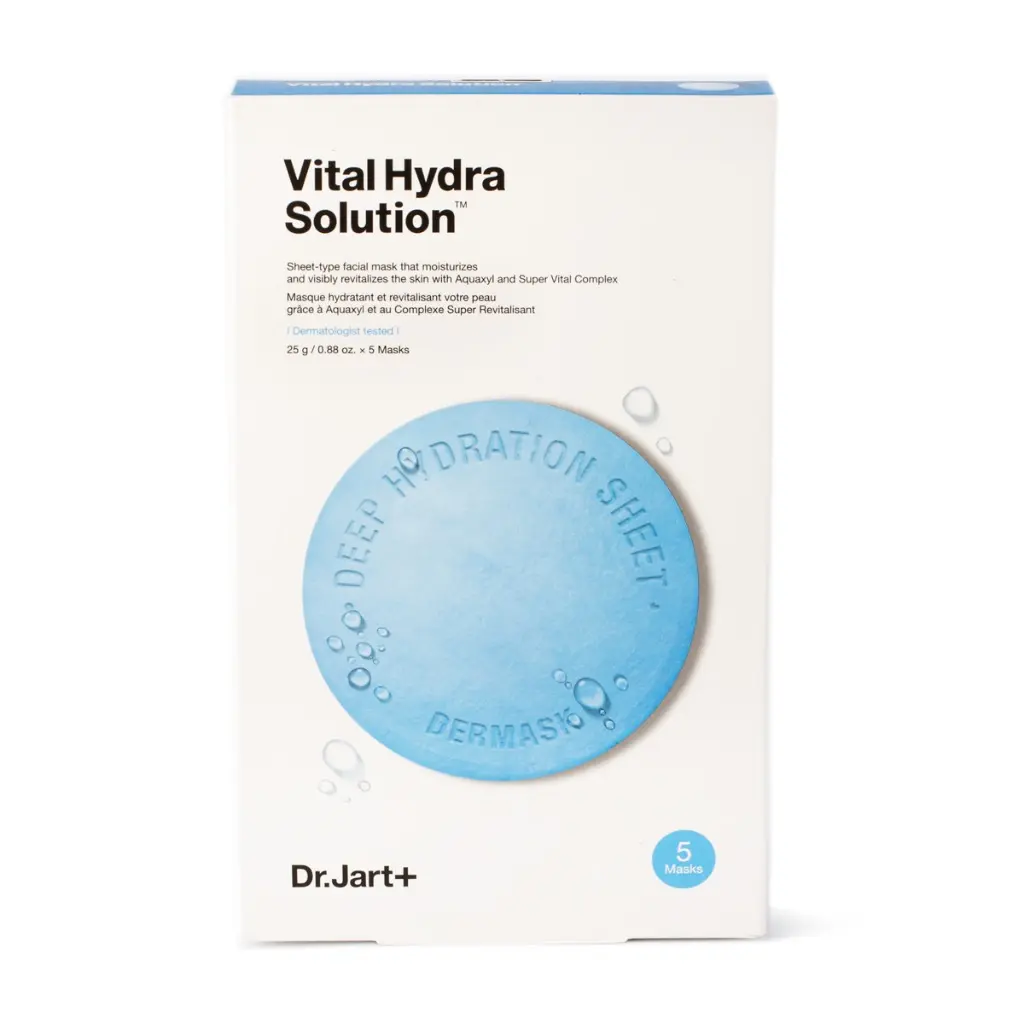 Dr.Jart+ Vital Hydra Solution Sheet Mask Pack of 5, Korean Beauty Revitalizing Hydrating Moisturizer with Hyaluronic Acid for Dewy Radiant Plump Skin, Selfcare Skincare Face Mask