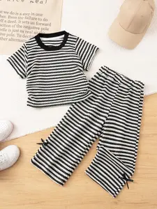 Toddler Girls Striped Knitted T-Shirt and Long Pants Set, Summer Clothing Set Casual Short Sleeve Bowknot Top for Ages 3-8, Round Neck Set, Perfect for Parties and Travel
