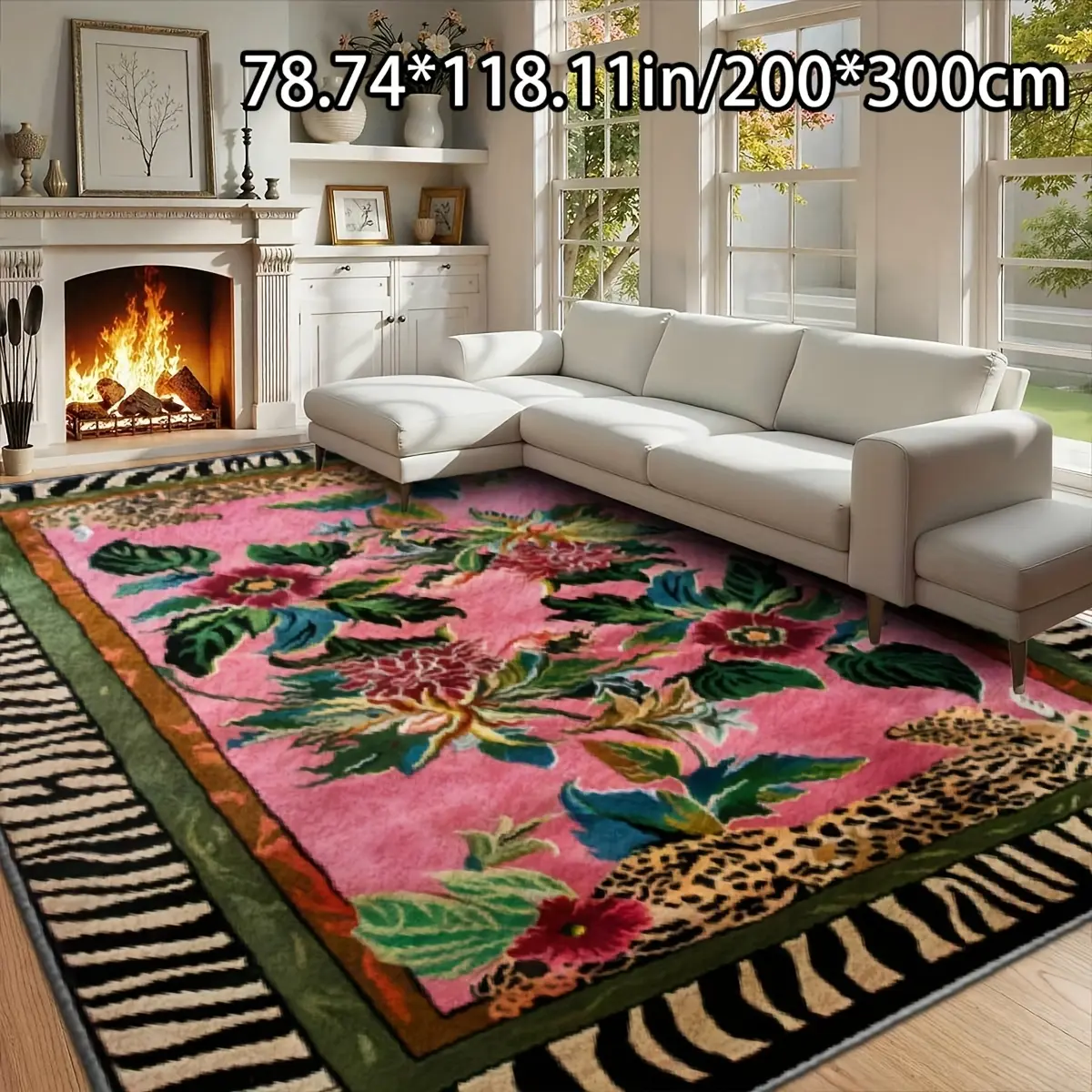 Veluma Floral Rug - 200x300cm, Vibrant Leopard-Bordered Design, Machine-Washable Polyester, Indoor/Outdoor Use, Living Room Decor