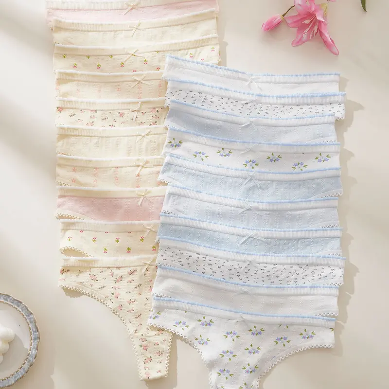 Women's Floral Thongs, Panties, Breathable Lace Trim, Soft Dot Pattern, High Elasticity Style, All Seasons, 5/10/20 Pcs Set
