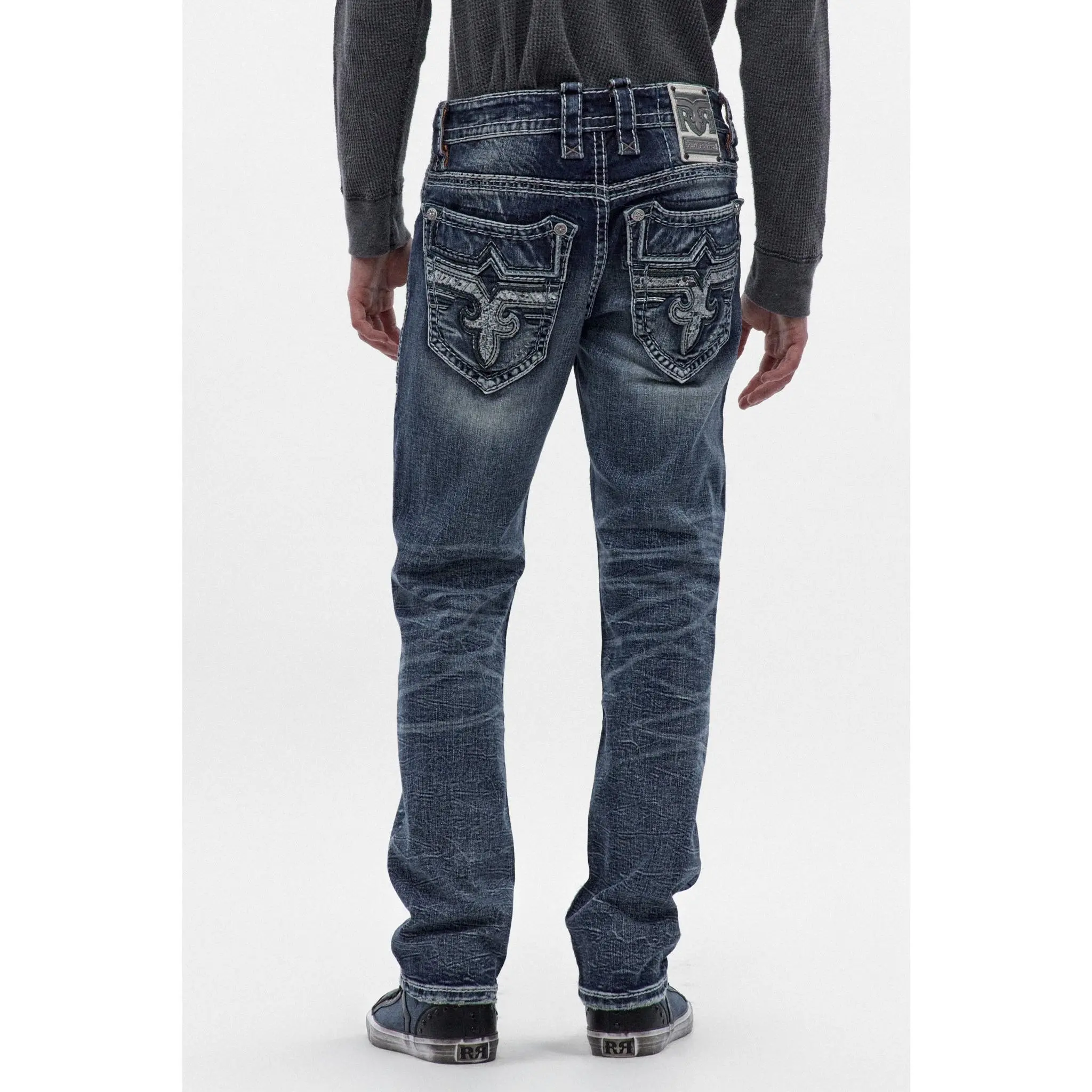 Rock Revival Men's Leon Straight Jeans - Mid Waist Fitted Below the Ankle Denim with Embroidery & Leather Patch