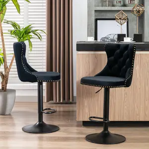 Swivel Velvet Barstools chair Adjustable Seat Height 25-33 Inch 17.7 Inch Base Modern Upholstered with Backs Comfortable Tufted for Home Pub Kitchen Island Black Set of 2