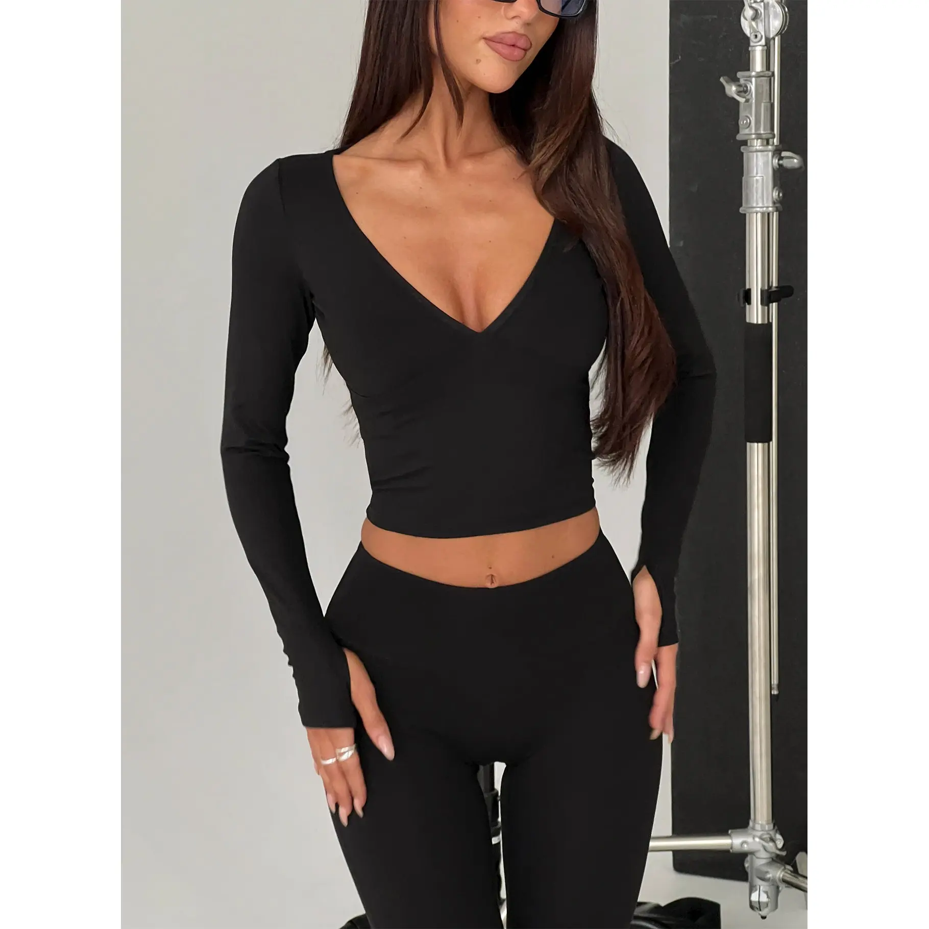 New Horizons Long Sleeve V Neck Top Black