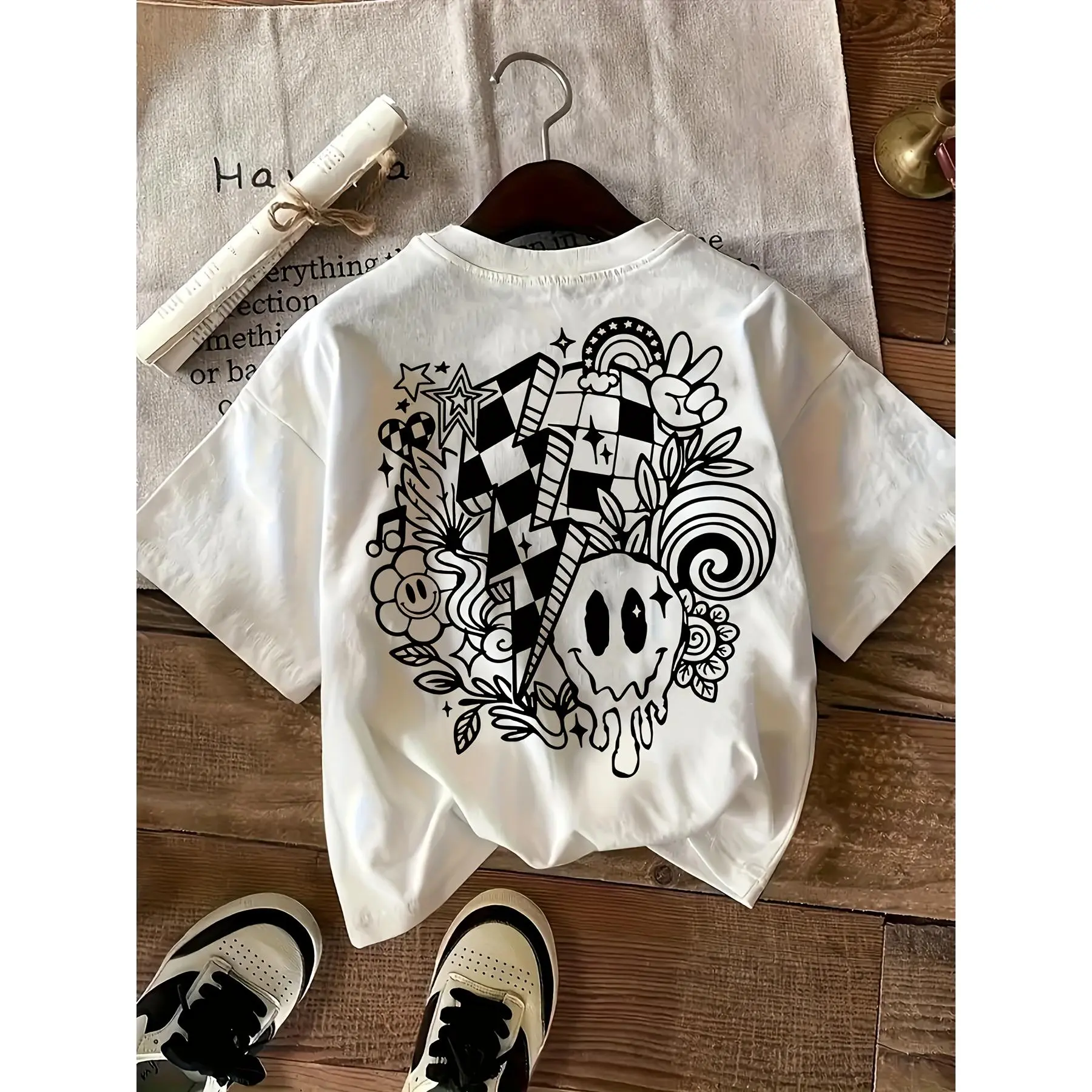 Cotton Black and White Checkered Unisex T-shirt with Mushroom, Checkered Pattern Smile Flower Prints for Casual Wear