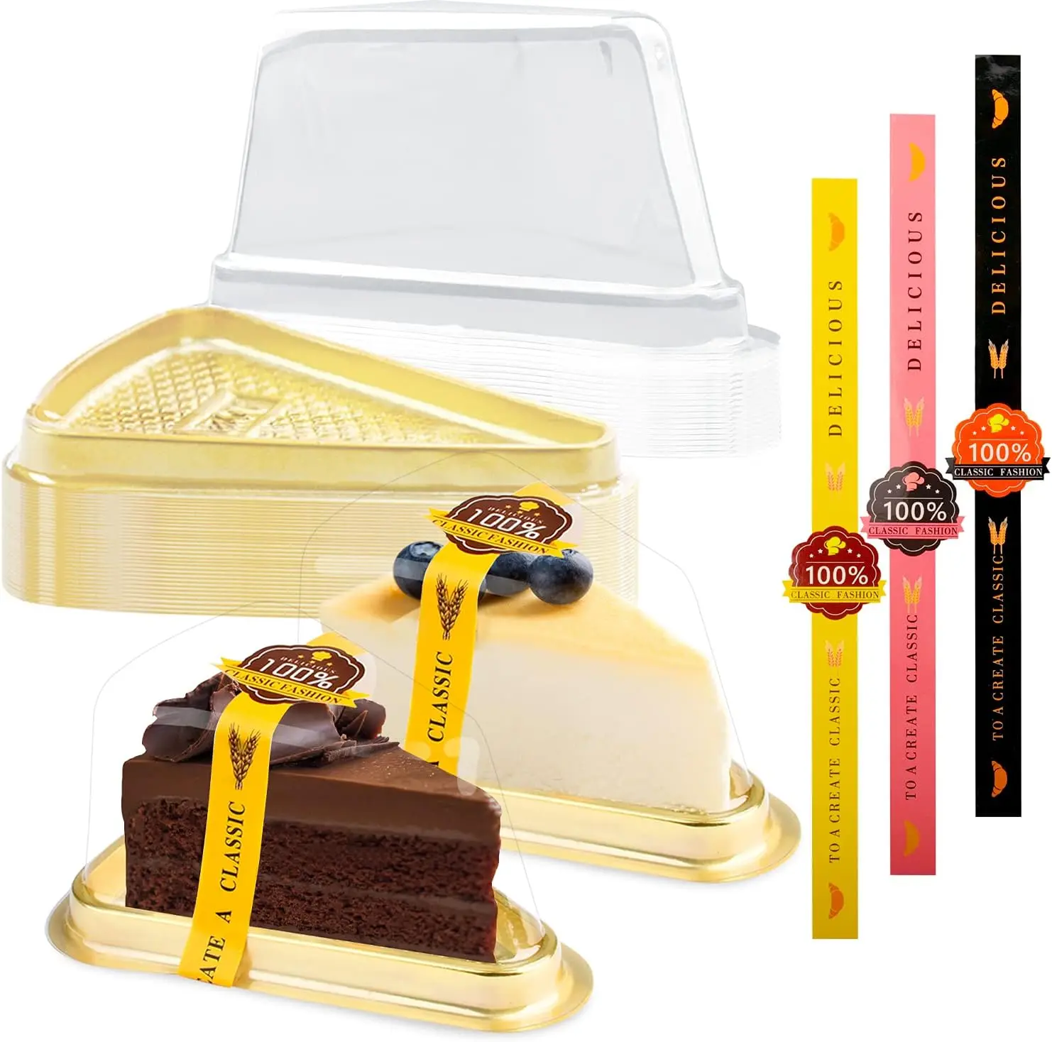 50 Pack Cake Slice Containers, Clear Plastic Cake Containers Disposable Cheesecake Containers Individual Cake Pie Slice Boxes with Lids for Small Pies Snack Dessert - Bonus 50 Pcs Stickers